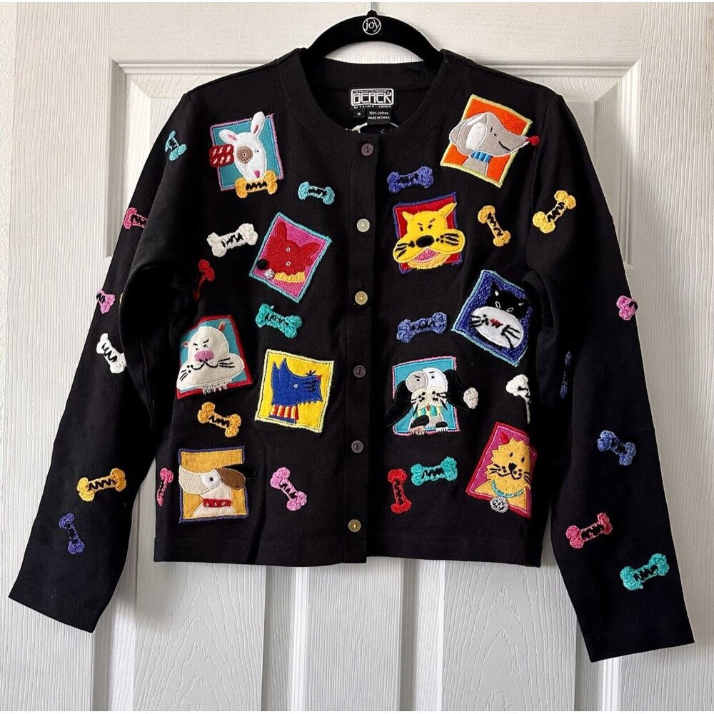 VTG Berek Takako 2 Women’s Black Multi Sweater Dogs Bones Sweater Cardigan Small
